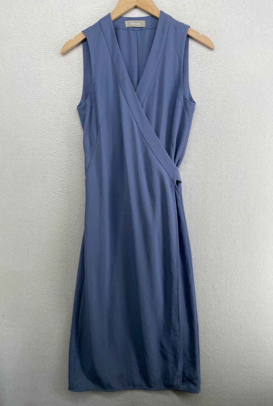 EVERLANE Dress 0 Japanese GoWeave Sleeveless Wrap Midi Tie Side Blue